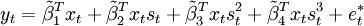 y_t=/tilde{/beta}_1^Tx_t+/tilde{/beta}_2^Tx_t s_t+/tilde{/beta}_3^Tx_ts_t^2+/tilde{/beta}_4^Tx_t s_t^3+e^*_t